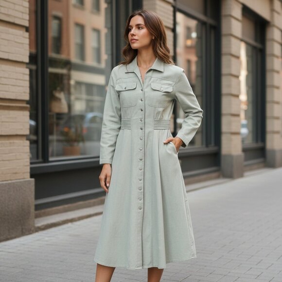 VTG Karen Alexander Cotton Button Down Shirt Dress Sz 10 Light Green Midi #76S - Picture 4 of 8